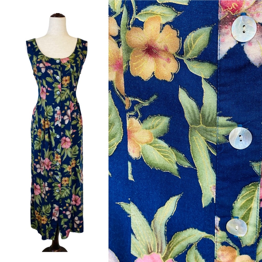 VINTAGE Navy Floral Button Front Maxi Sundress